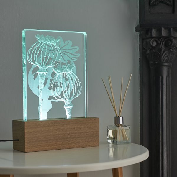 Engraved glass and wood LED table light by Tim Carter