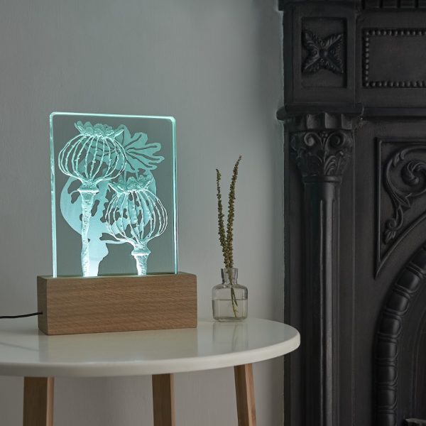 Poppy design engraved glass and wood LED table light by Tim Carter