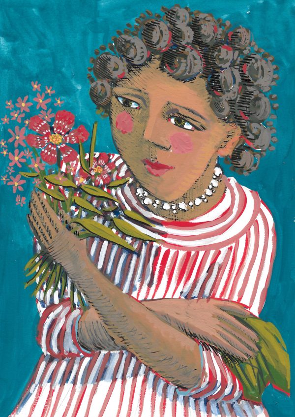 A card of a girl A card of a girl holding a bunch of flowers