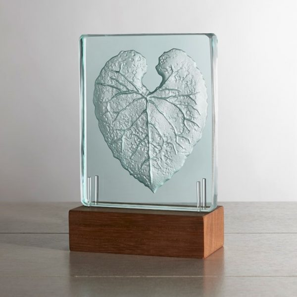 Engraved glass on wooden base LED table light with heart design by Tim Carter