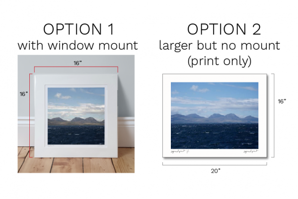 shows 2 sizes of print, one square in mount and one larger print no mount